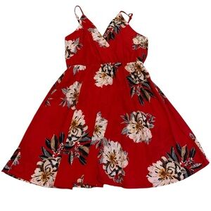 💜 SHEIN Curve 1XL Red Floral Mini Dress Wrap V-Neck Adjustable Straps Plus Size